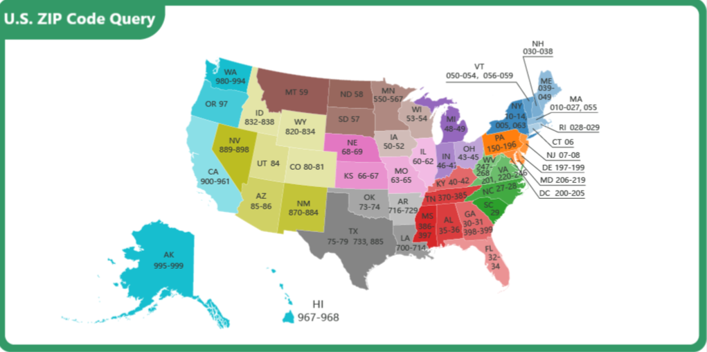 美國郵遞區號查詢 US Zip Code 各州城市郵碼列表