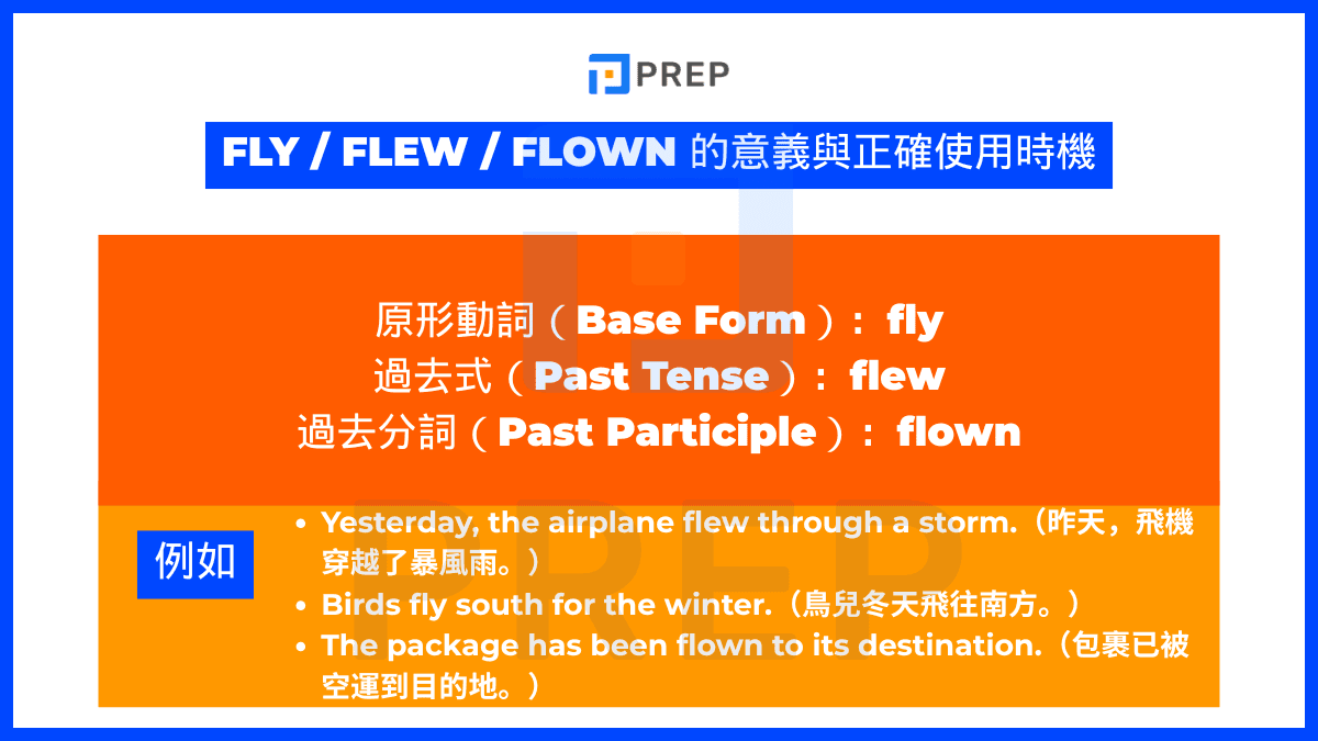 Fly 的三態 Fly Flew Flown 動詞變化規則與例句教學