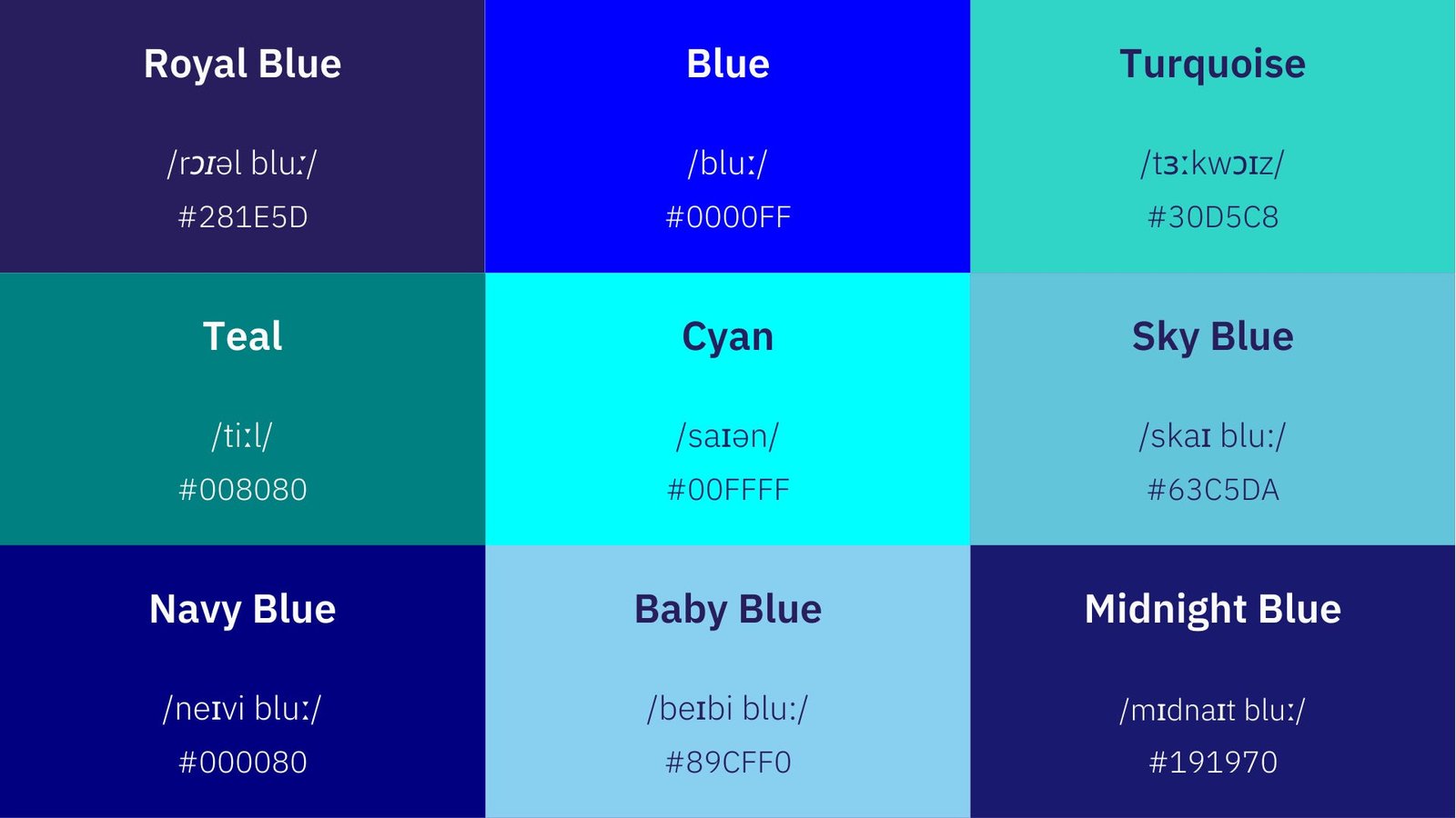 水藍色英文 Aqua Blue 或是 Cyan 顏色色碼與名稱